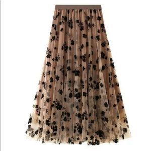 CARAMEL TULLE MAXI SKIRT LAYERED with BLACK FLORAL PRINT